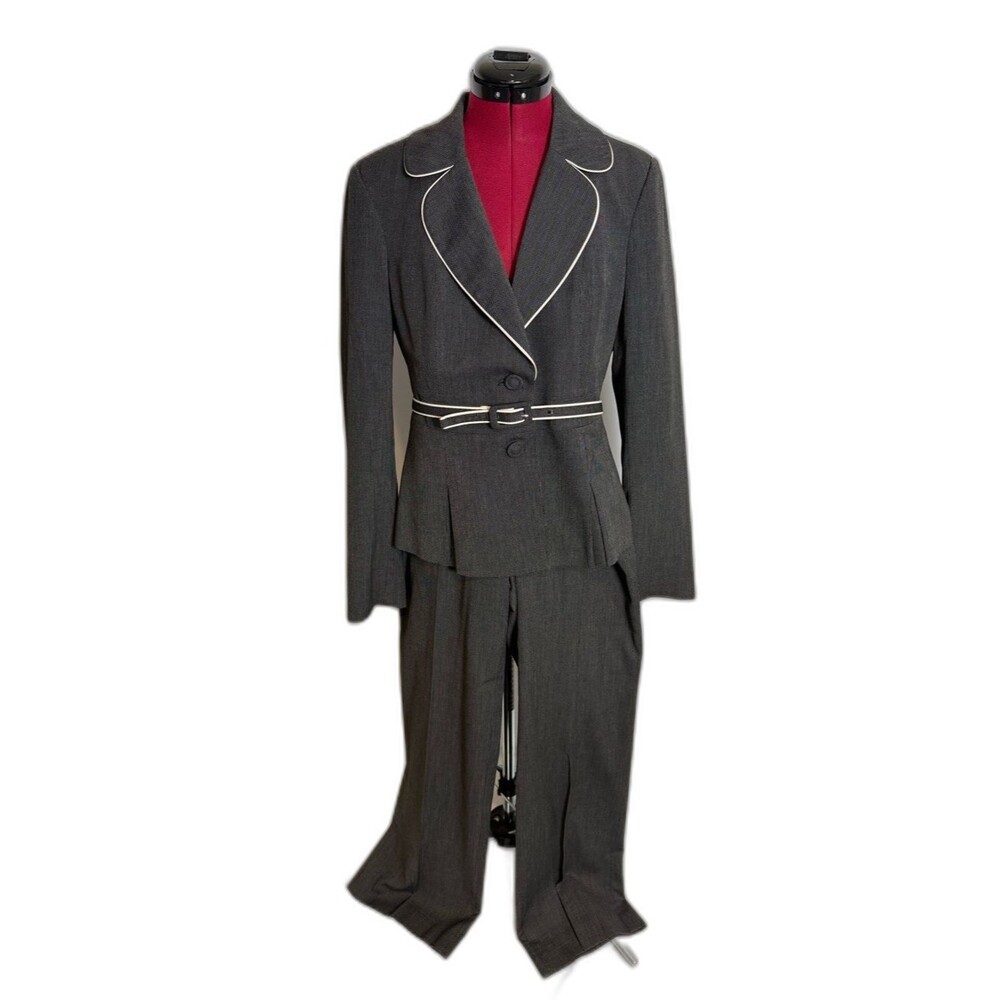 WHBM Pantsuit Woman Size 6R/8 Grey & White Polka Dot 2-Piece Set Blazer & Pants